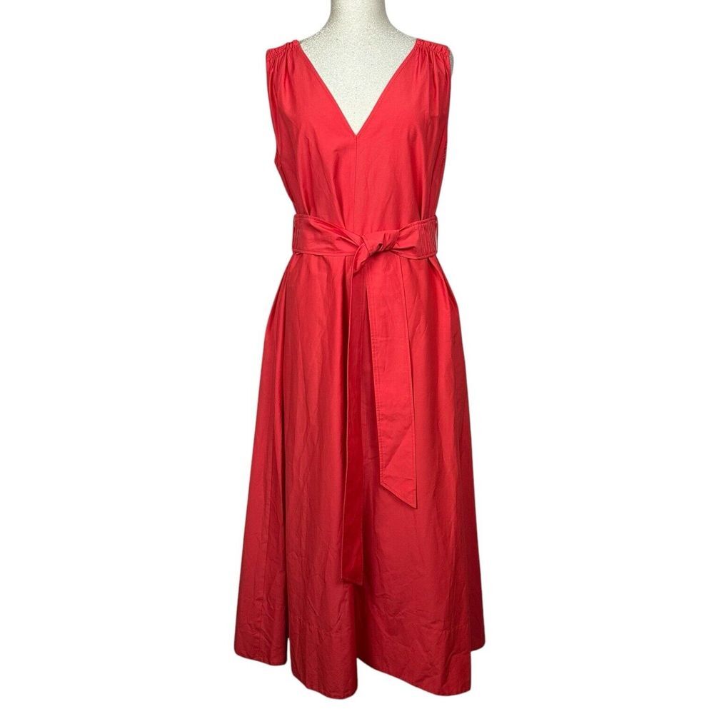 GINGER And SMART Dress Sz 14 Red Cotton Silk‎ Maxi Belted Quiet Luxury Classic